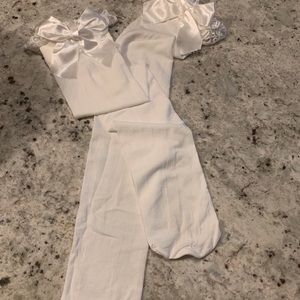 White bridal thigh high tights with satin bows and lace
